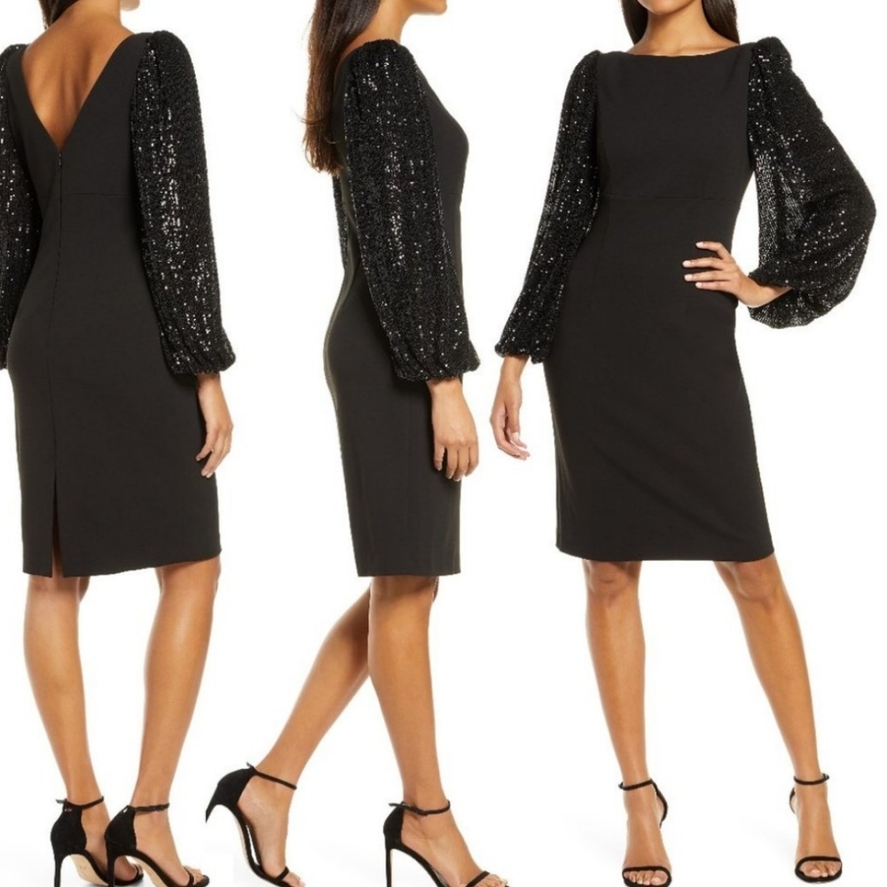 Eliza J Black Sequin Blousen Sleeve Cocktail Dress US size 2 - Picture 2 of 13
